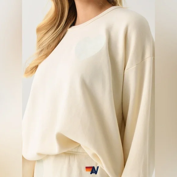 Aviator Nation Glitter Heart Crewneck Pullover Sweatshirt in Natural - Picture 5 of 13